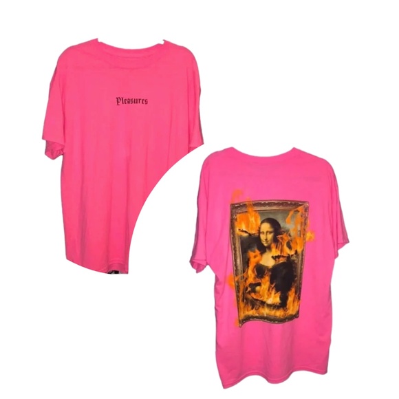 Pleasures Mens Mona Lisa Burn Again Flames Graphic Cotton Pink T Shirt Pink XL - Picture 1 of 6